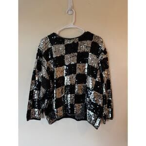 VTG Maurada Sequin Checkered Top Womens XL Black Silver Knit Glam Party Sweater